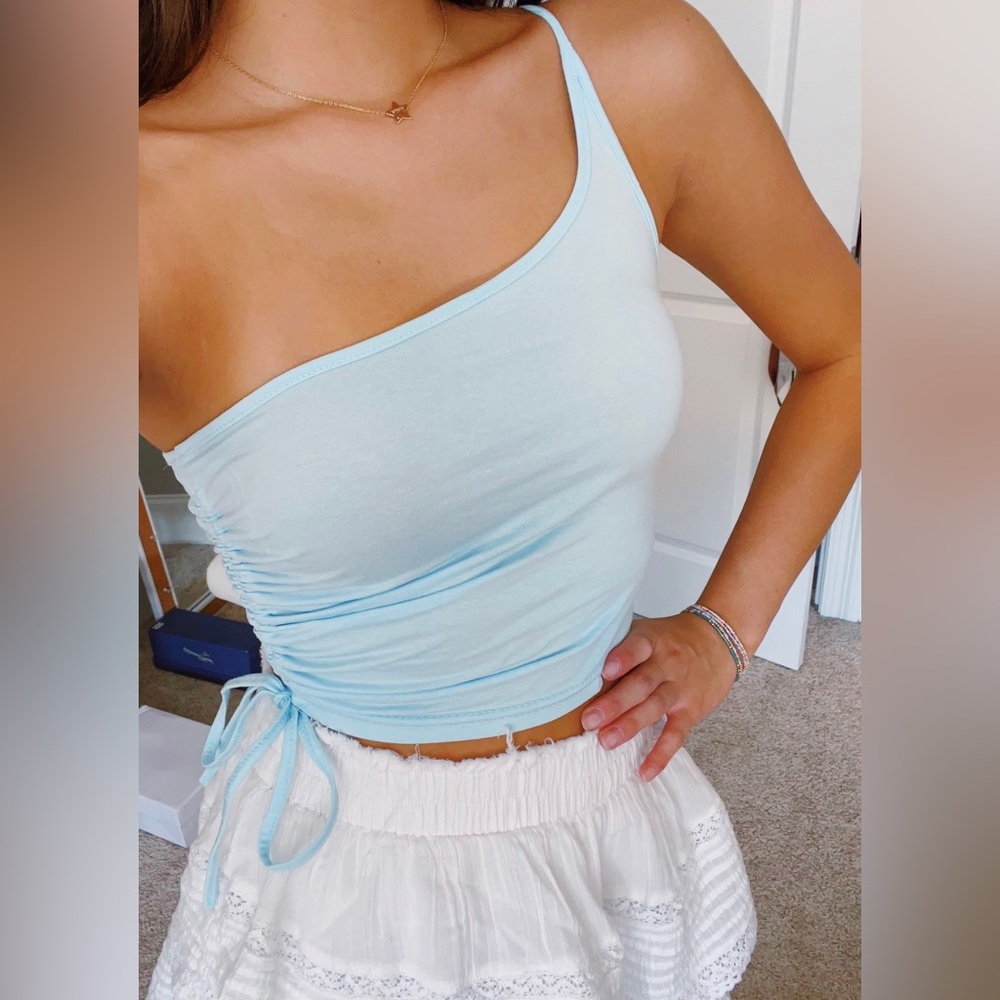 Boutique One Shoulder Blue Cinch Tank Top